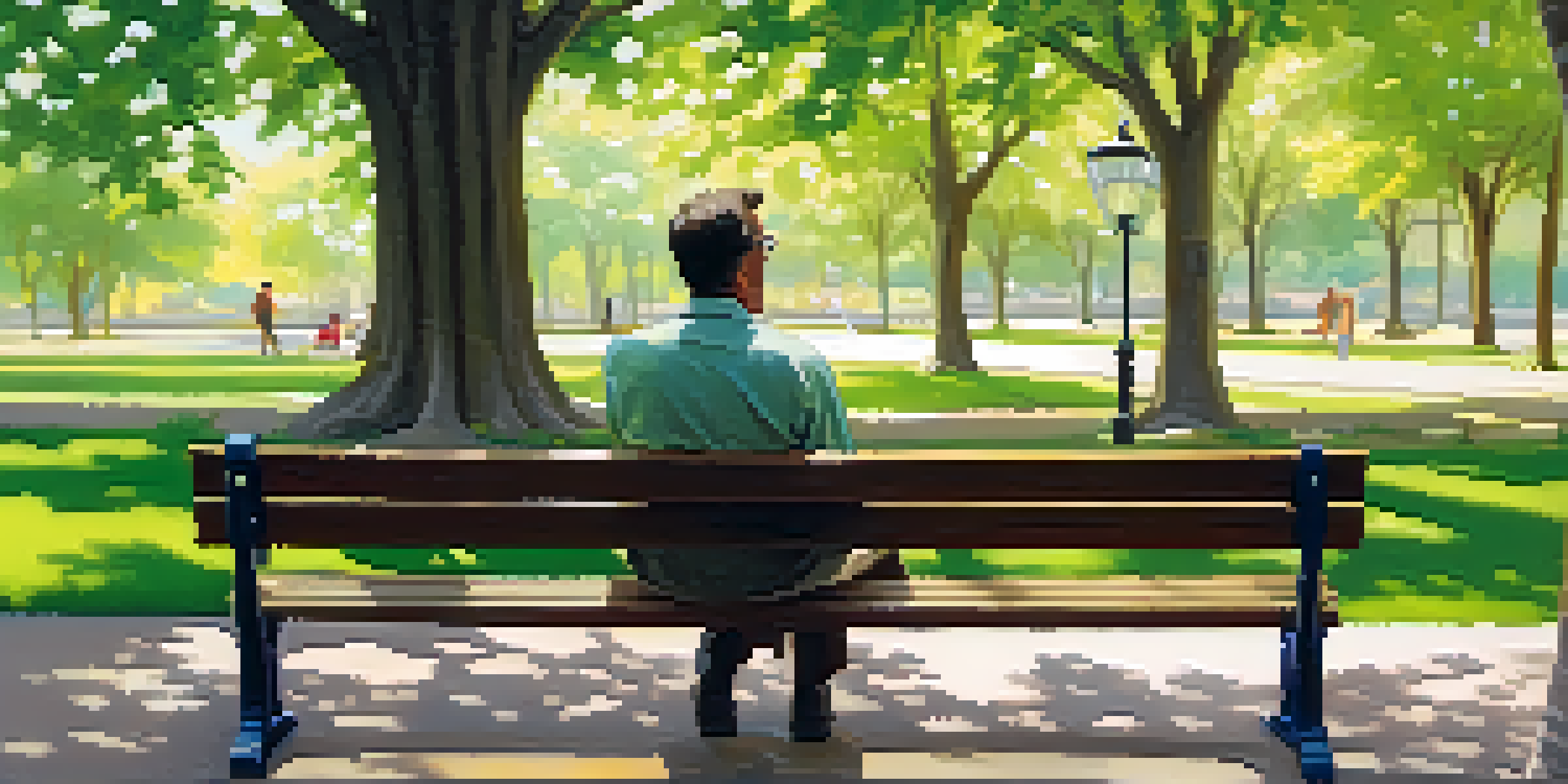 A health coach and client sitting on a park bench, discussing wellness in a peaceful park setting with trees and sunlight.