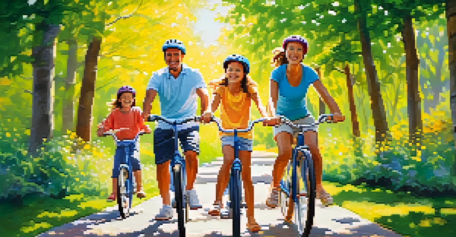 A happy family riding bicycles together on a sunny day, surrounded by lush greenery and trees.