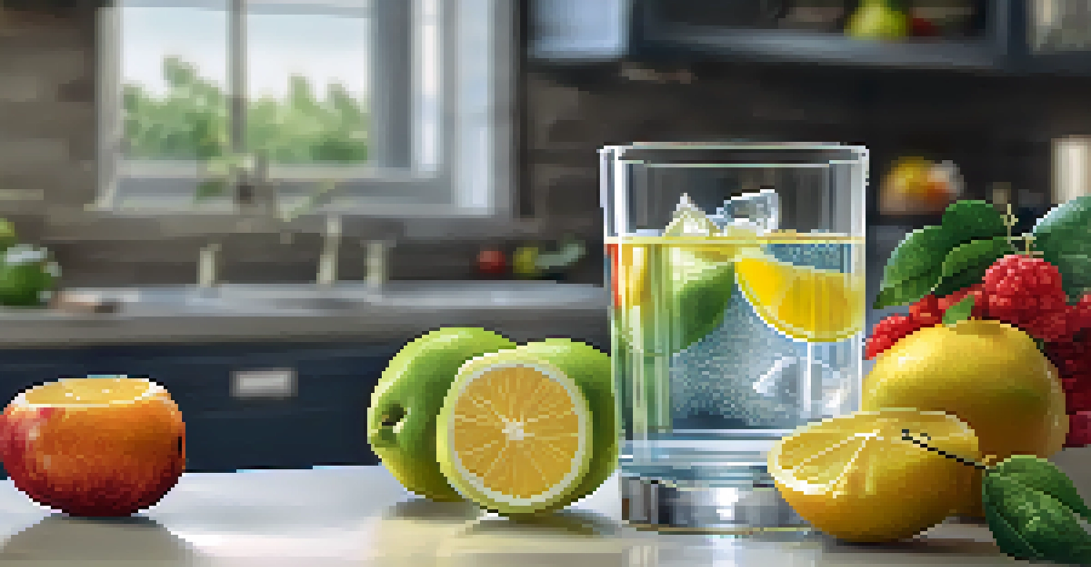 A glass of water with ice and lemon slices next to a bowl of fresh fruits on a kitchen counter.