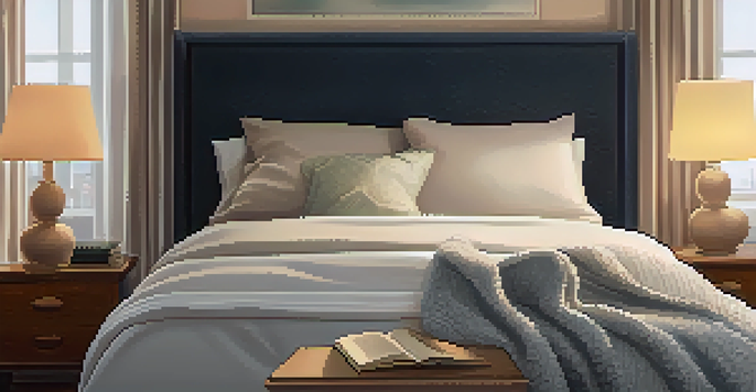 A cozy bedroom with a neatly made bed, soft lighting, and a bedside table with a plant and a book, promoting a calming sleep environment.
