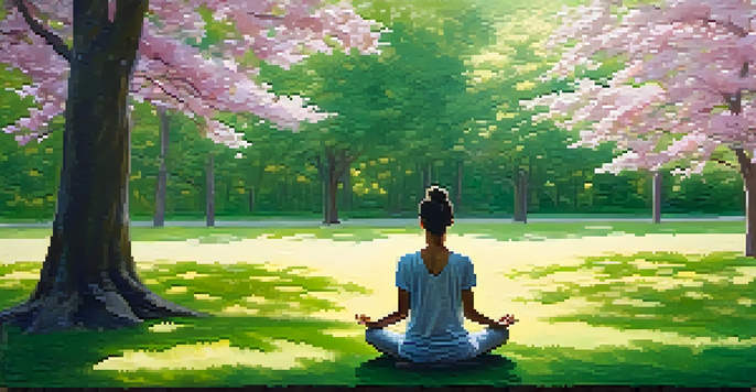 A person meditating in a peaceful park surrounded by flowers and trees, with sunlight filtering through the leaves.
