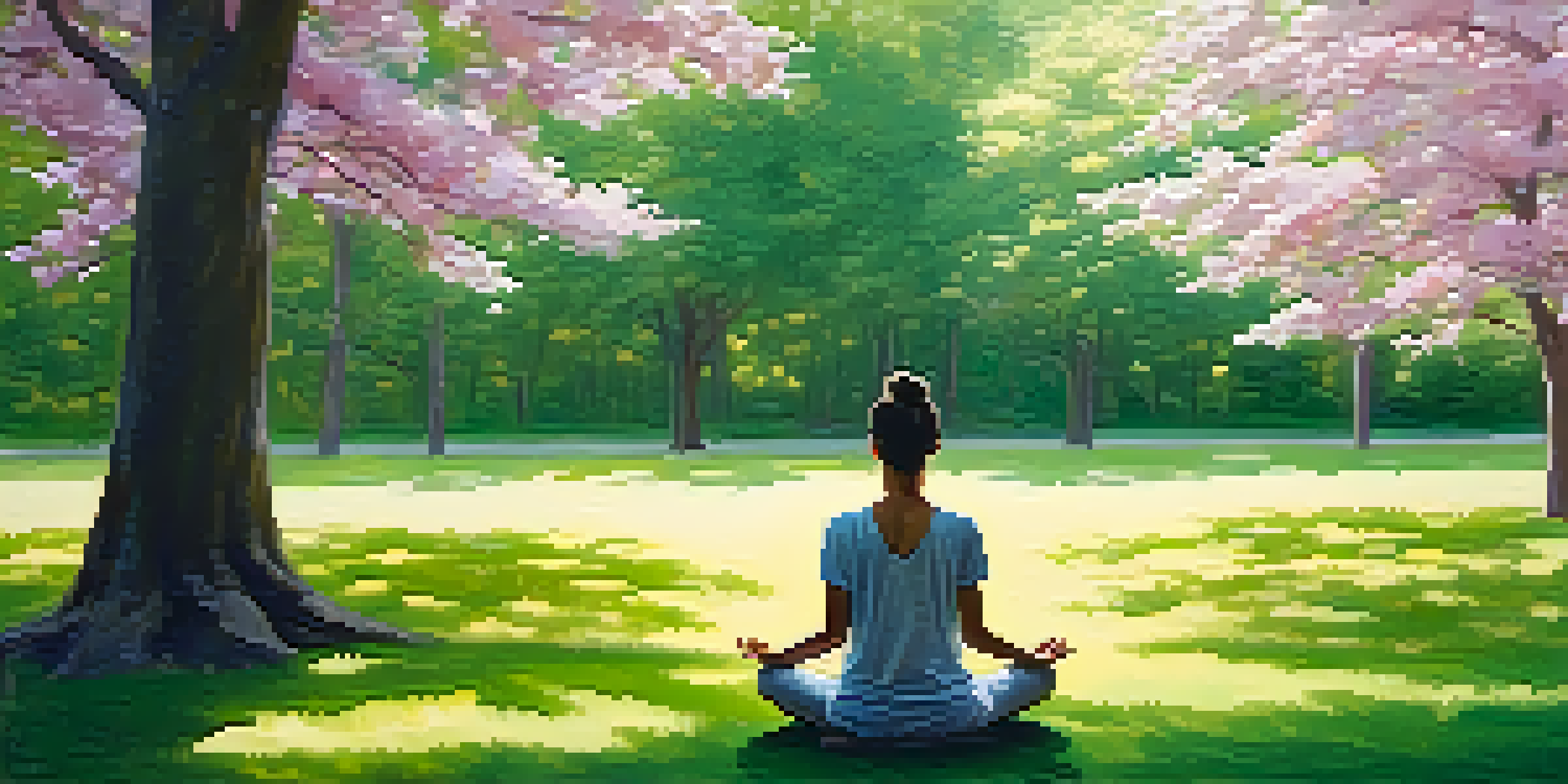 A person meditating in a peaceful park surrounded by flowers and trees, with sunlight filtering through the leaves.