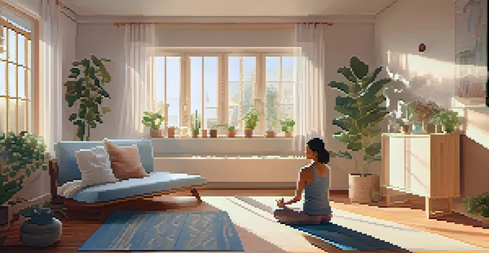 A new mother practicing yoga in a bright living room filled with plants and soft pastel colors, radiating a sense of calm and wellness.