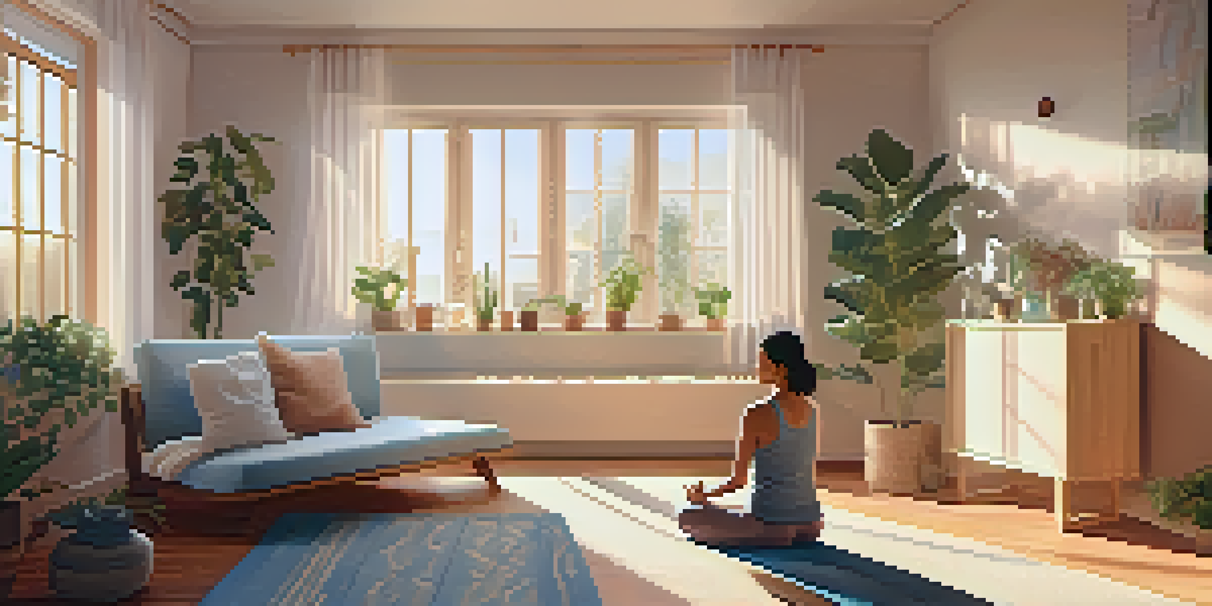 A new mother practicing yoga in a bright living room filled with plants and soft pastel colors, radiating a sense of calm and wellness.