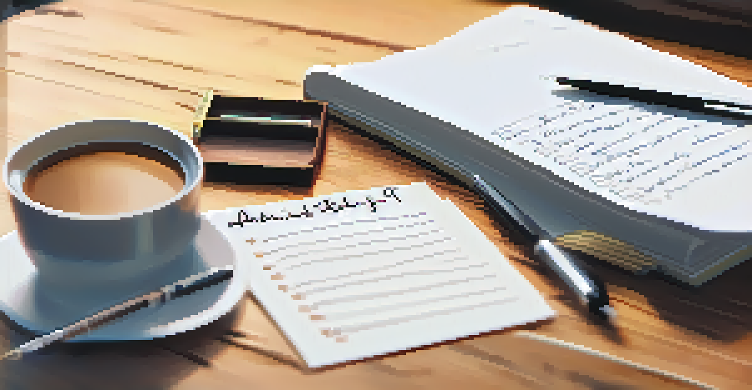 A close-up view of a to-do list and a pen on a wooden desk with a cup of coffee in the background.