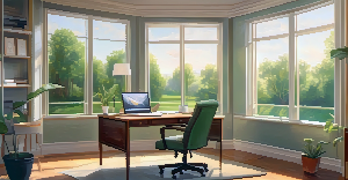 A bright and calming office space with a view of a park, featuring a wooden desk, laptop, and potted plant, bathed in sunlight.