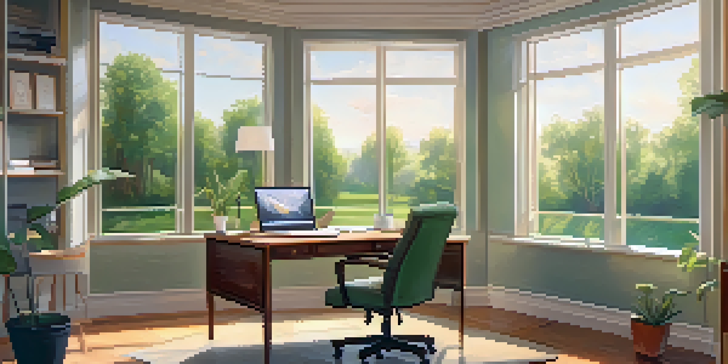 A bright and calming office space with a view of a park, featuring a wooden desk, laptop, and potted plant, bathed in sunlight.