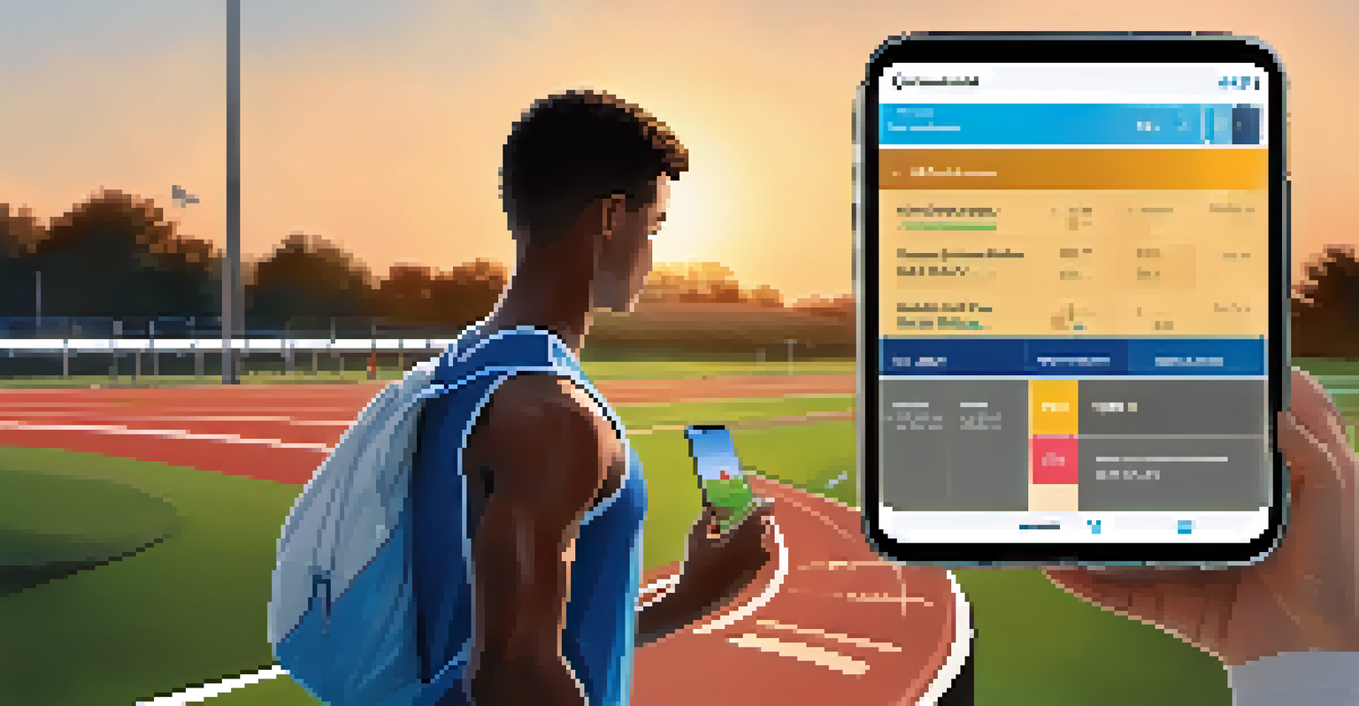 An athlete on a track looking at their smartphone, reflecting on recovery milestones as the sun sets.