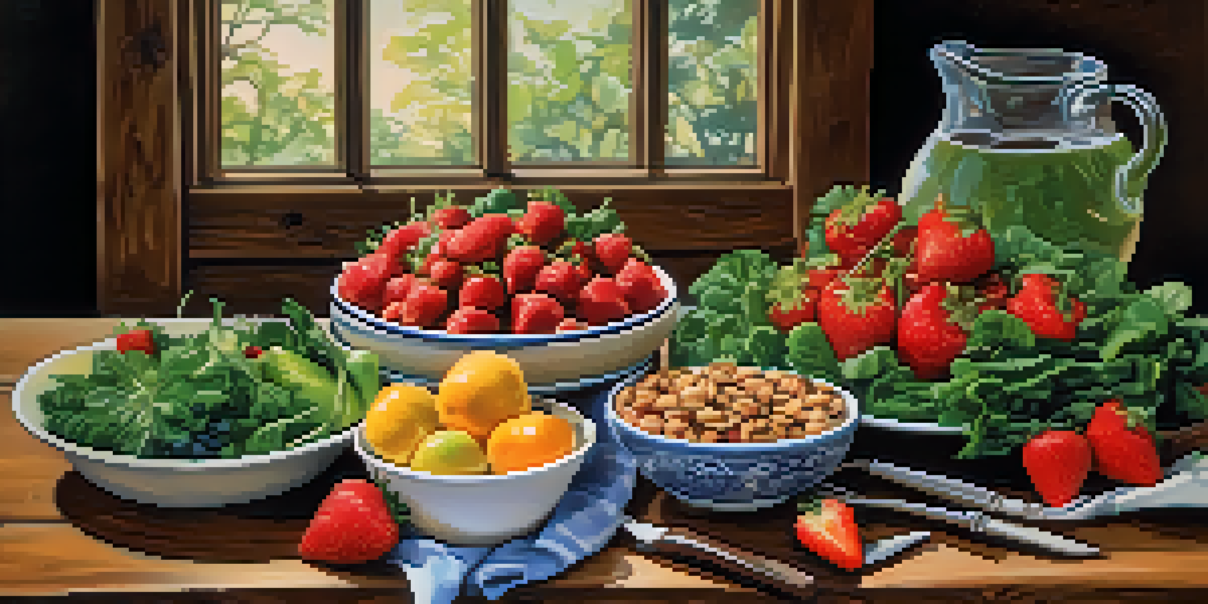 A plate filled with colorful fruits, vegetables, whole grains, and lean protein on a rustic wooden table.