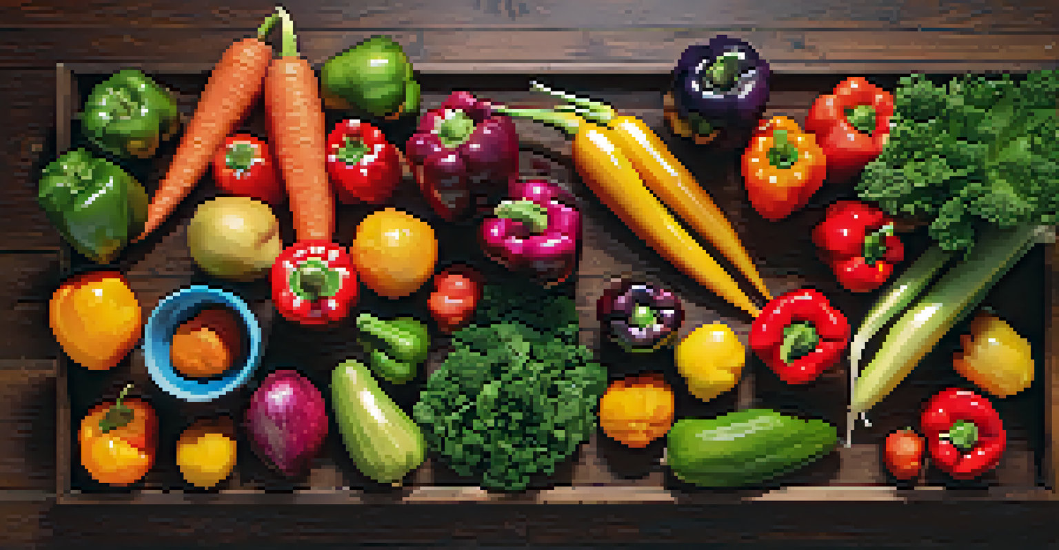 An overhead view of a colorful arrangement of fruits and vegetables in a rainbow pattern on a wooden surface.