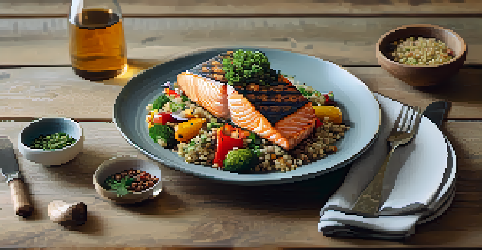 A close-up view of a colorful, balanced meal on a rustic wooden table, highlighting the textures of grilled salmon, quinoa, and roasted vegetables.