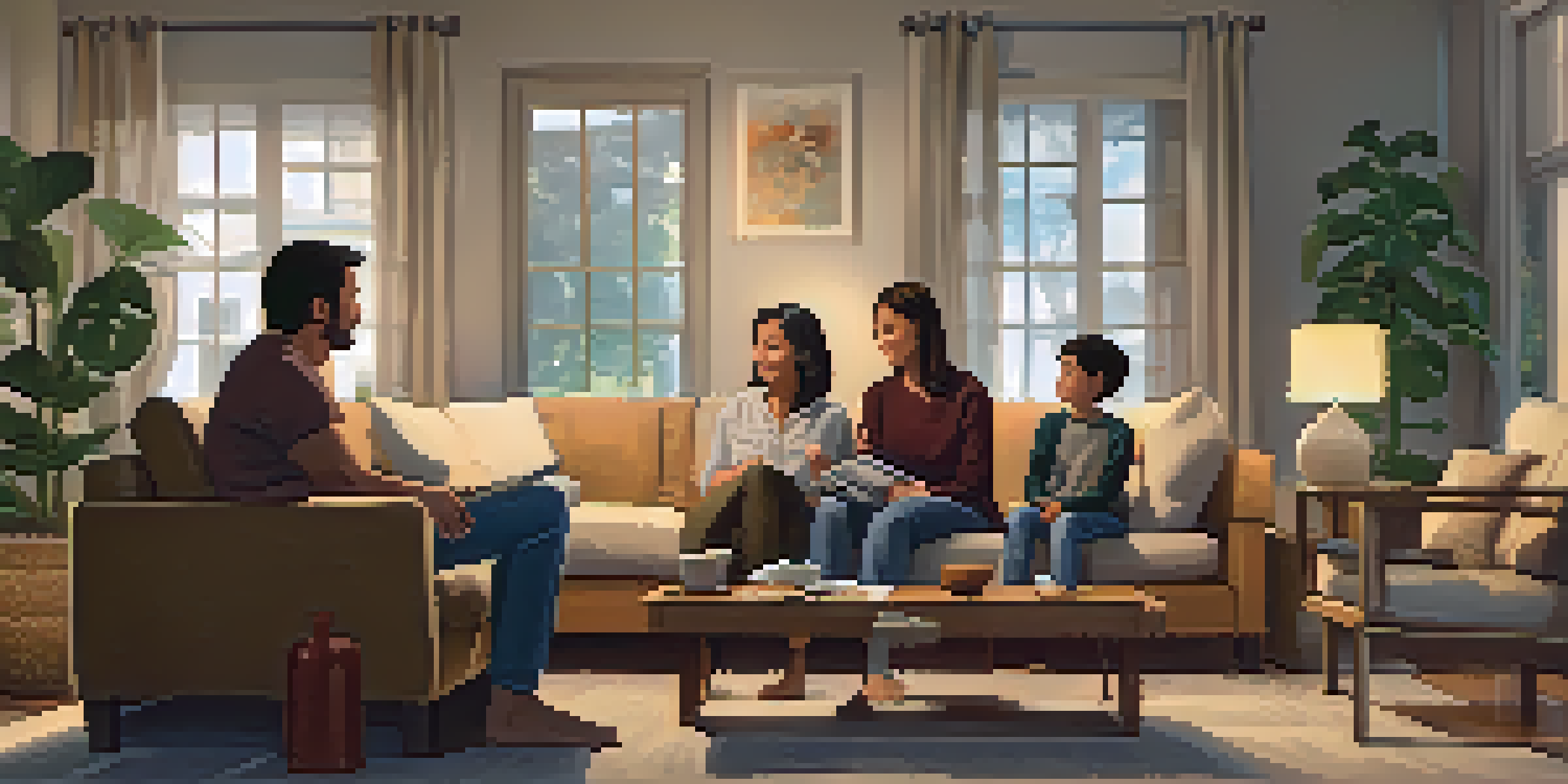 A family having an open conversation in a cozy living room, promoting mental health awareness.
