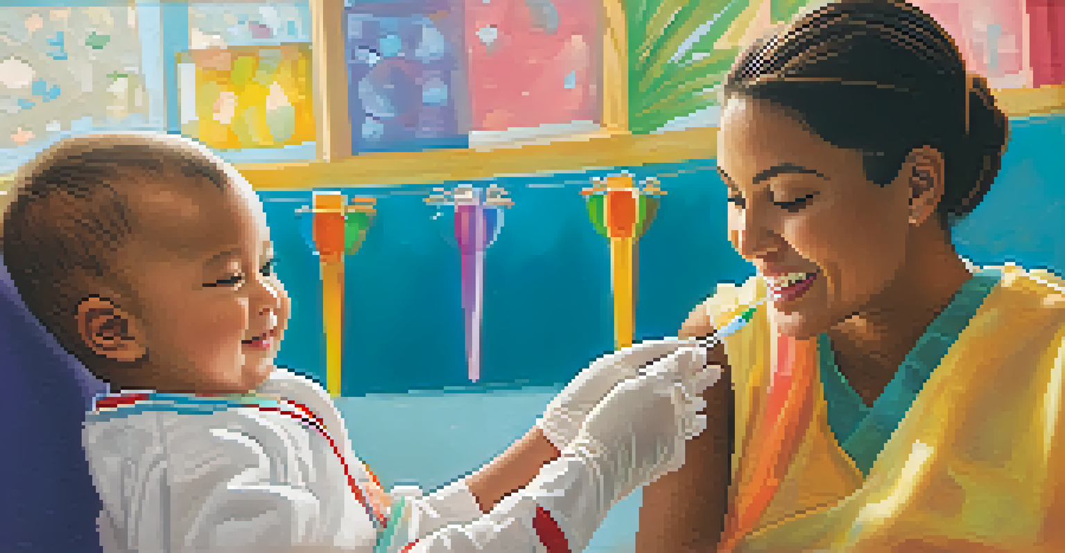 A close-up of an infant receiving a vaccination in a clinic, with a smiling parent and a healthcare provider in a bright, cheerful environment.