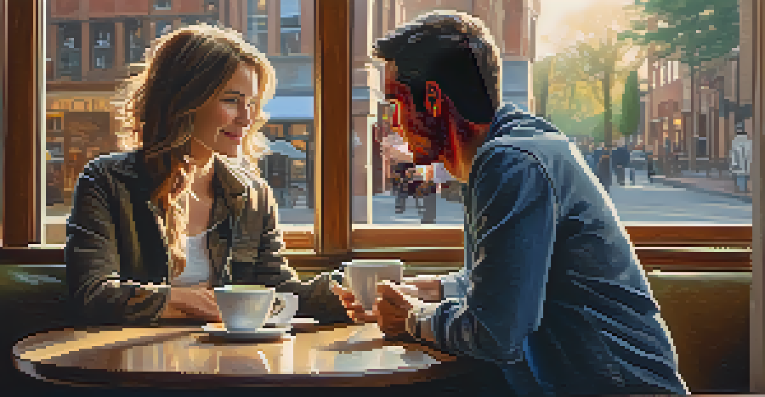 Two individuals having a deep conversation in a coffee shop, one listening attentively while the other speaks.
