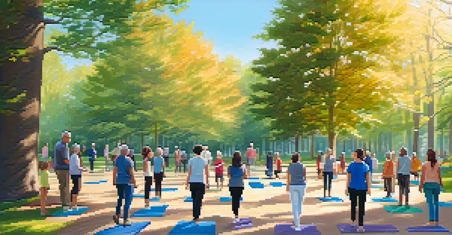 A community mindfulness class in a park with diverse individuals practicing mindful walking under a clear blue sky.