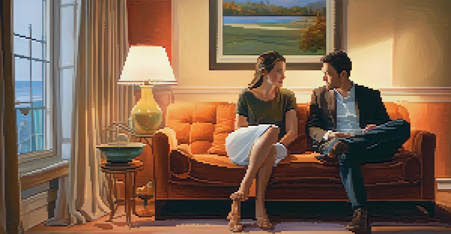 A couple sitting on a sofa, engaged in a heartfelt conversation in a warmly lit room.
