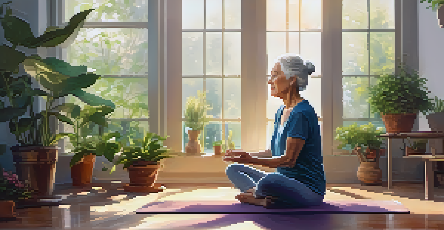 An elderly woman practicing mindfulness in a cozy room filled with plants and sunlight, radiating tranquility.