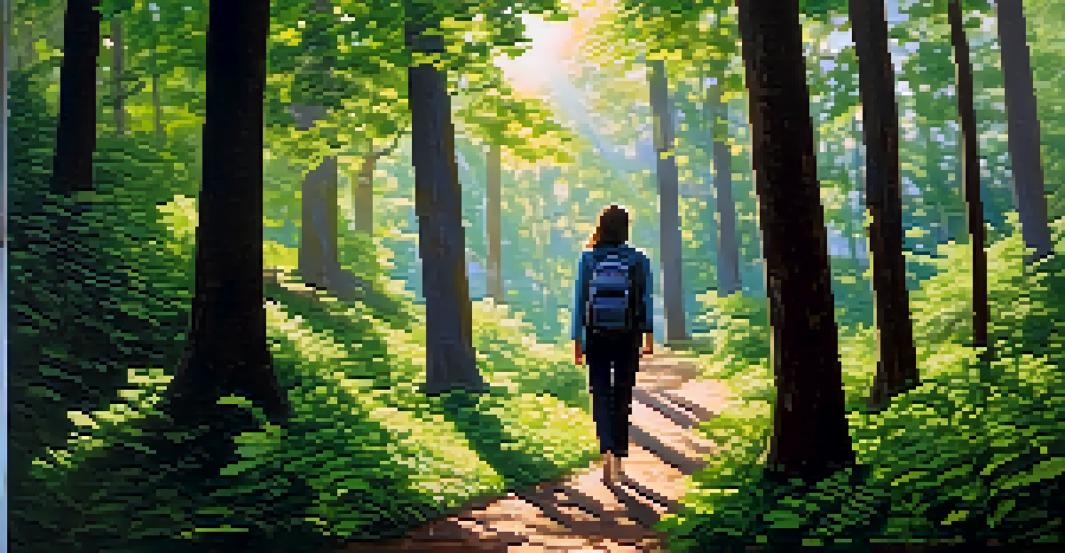 A person walking mindfully in a lush forest, surrounded by dappled sunlight and greenery.