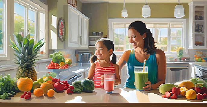 A parent and child in a kitchen preparing a smoothie, surrounded by colorful fruits and vegetables.