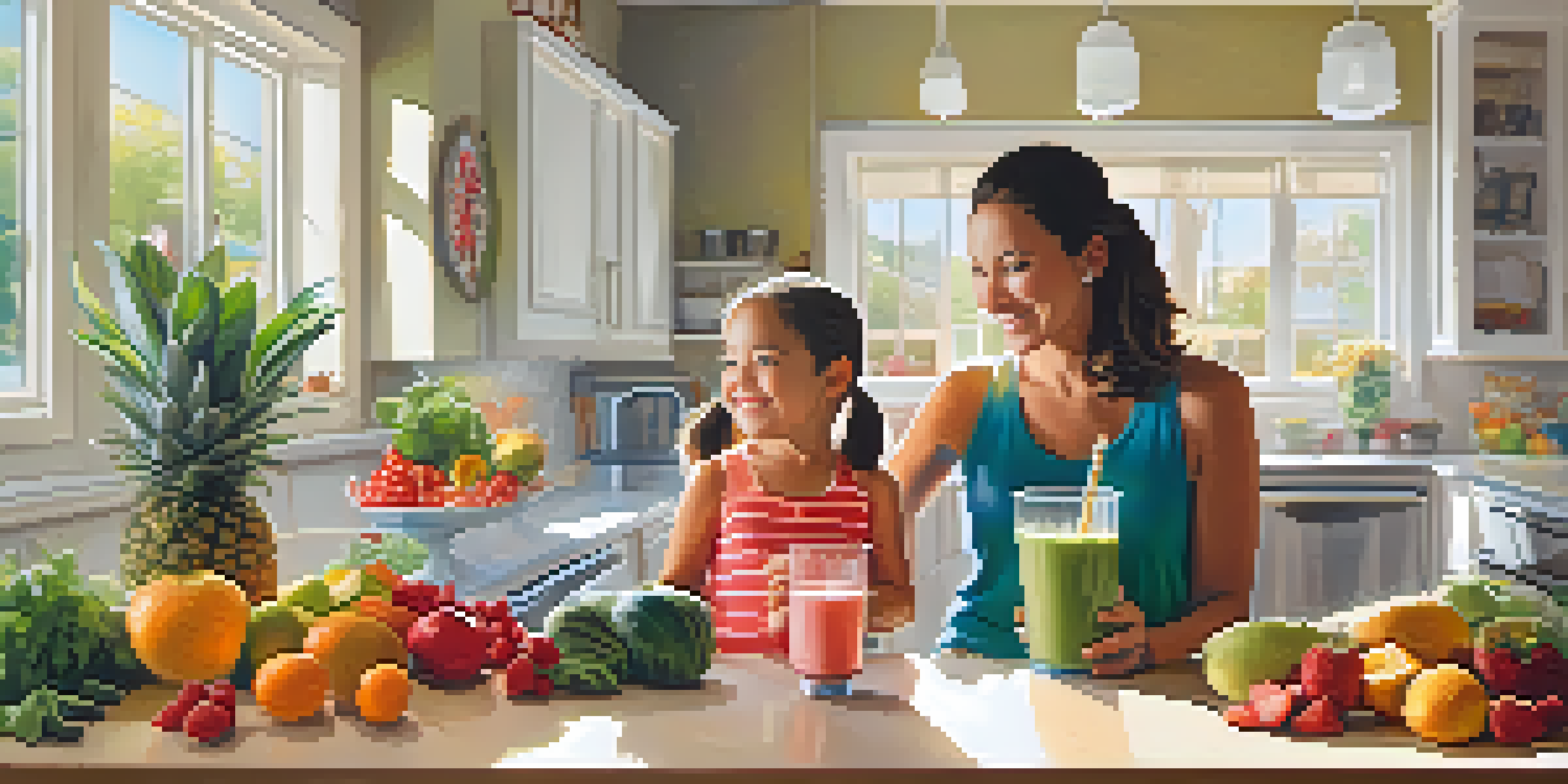 A parent and child in a kitchen preparing a smoothie, surrounded by colorful fruits and vegetables.