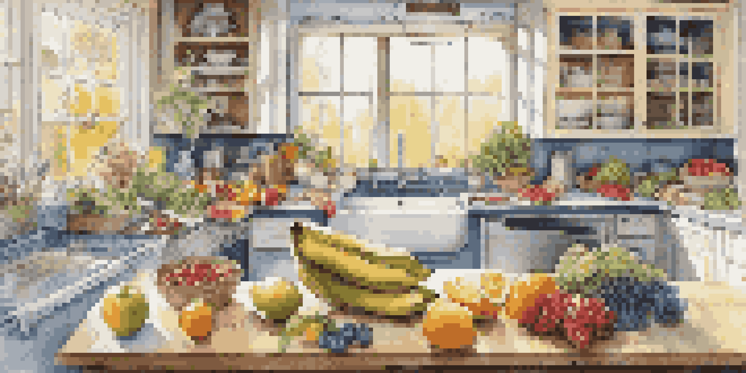 A kitchen filled with colorful healthy foods including fruits, proteins, and grains, illuminated by natural light.