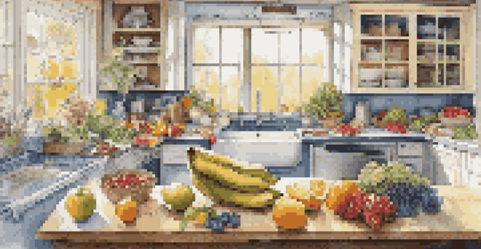 A kitchen filled with colorful healthy foods including fruits, proteins, and grains, illuminated by natural light.