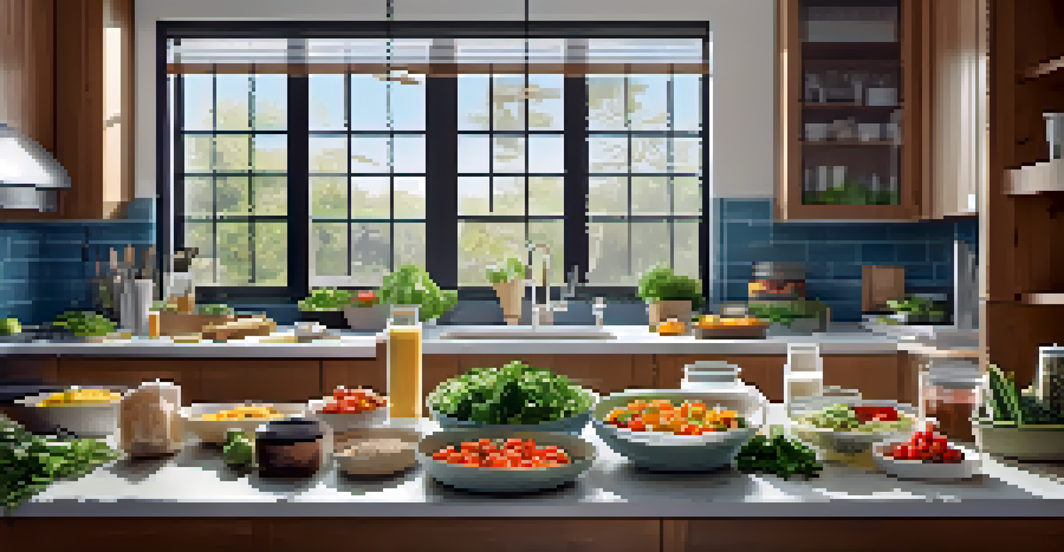 A modern kitchen with a countertop displaying organized meal prep containers filled with healthy food.