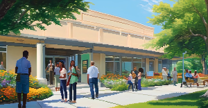 A community health center with diverse individuals interacting outside, surrounded by greenery and flowers under a blue sky.