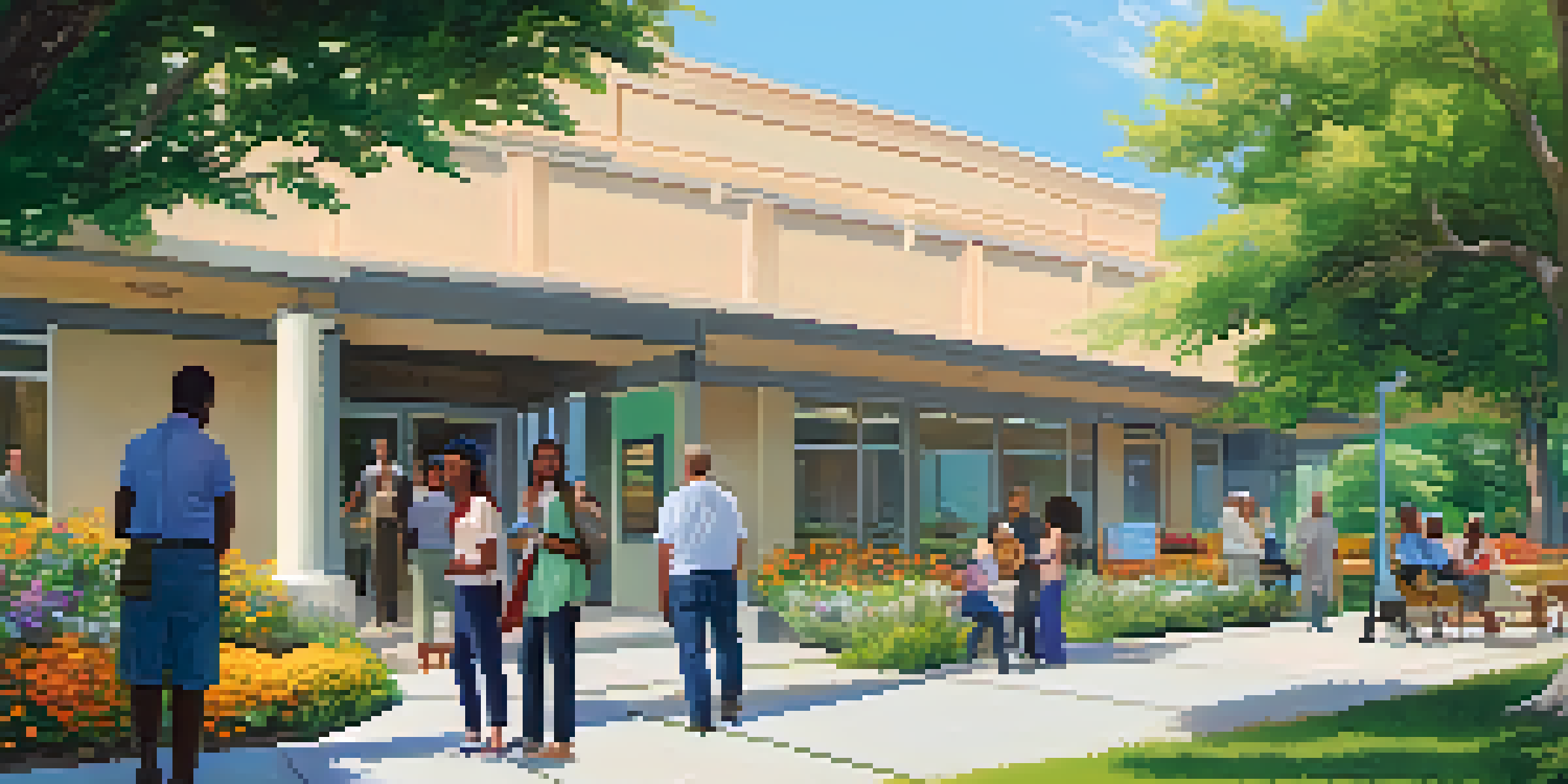 A community health center with diverse individuals interacting outside, surrounded by greenery and flowers under a blue sky.