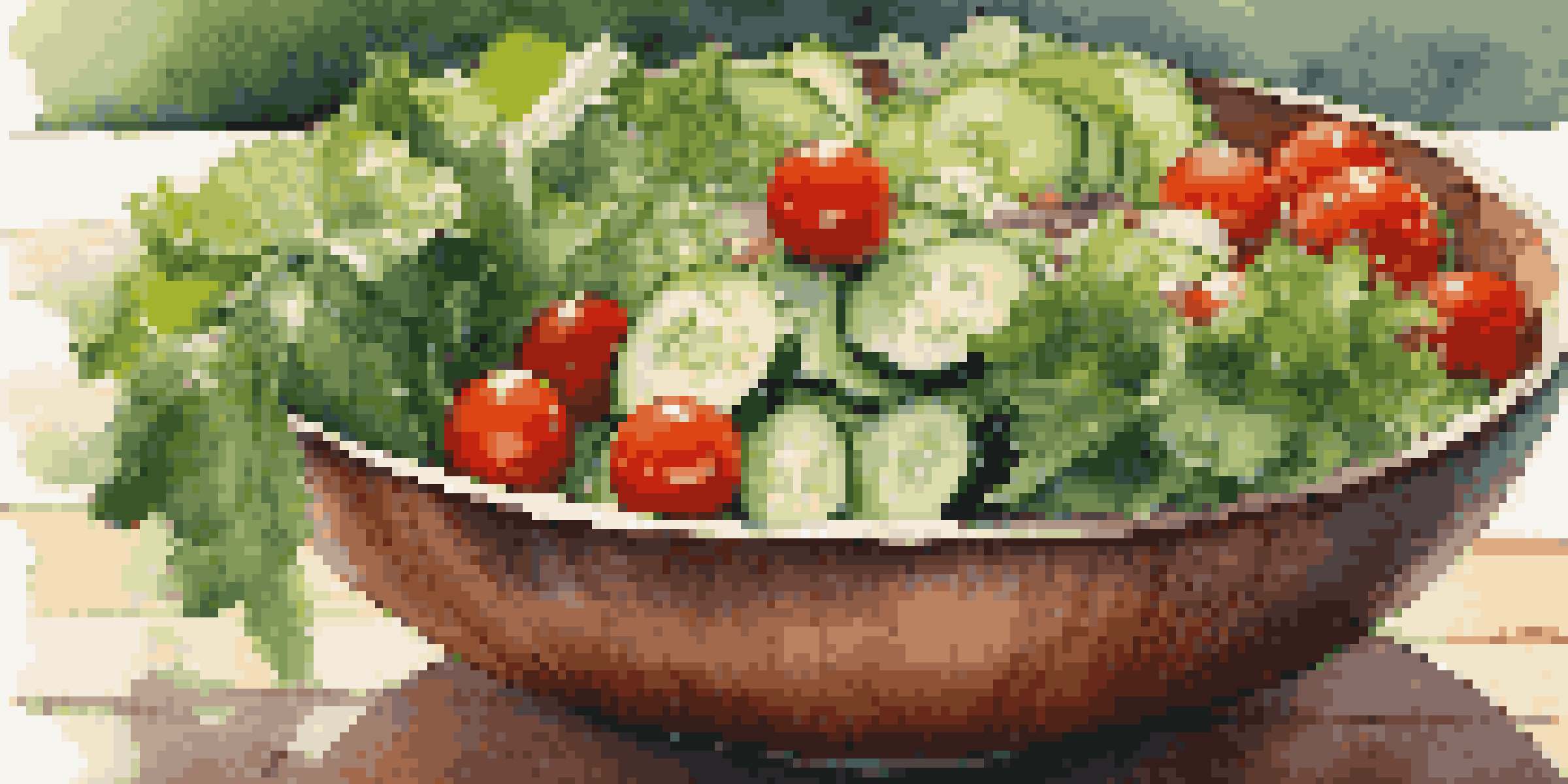 A colorful salad bowl with greens, cucumbers, and tomatoes on a wooden table illuminated by natural sunlight.