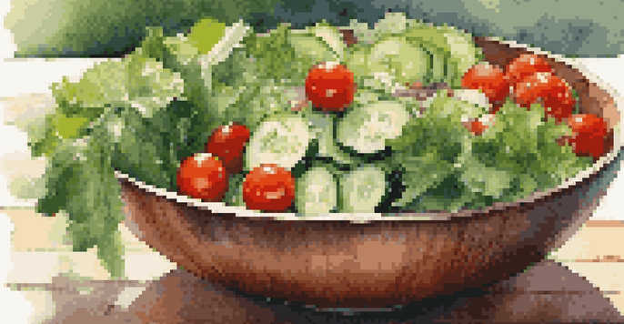 A colorful salad bowl with greens, cucumbers, and tomatoes on a wooden table illuminated by natural sunlight.