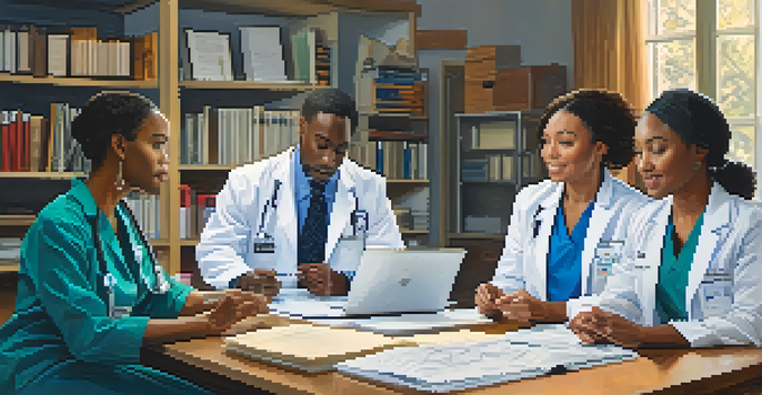 A diverse group of healthcare professionals discussing around a table, highlighting cultural competence in healthcare.