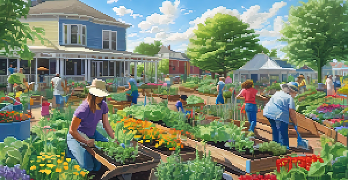 A diverse group of people gardening together in a bright community garden, surrounded by colorful plants and flowers under a sunny sky.