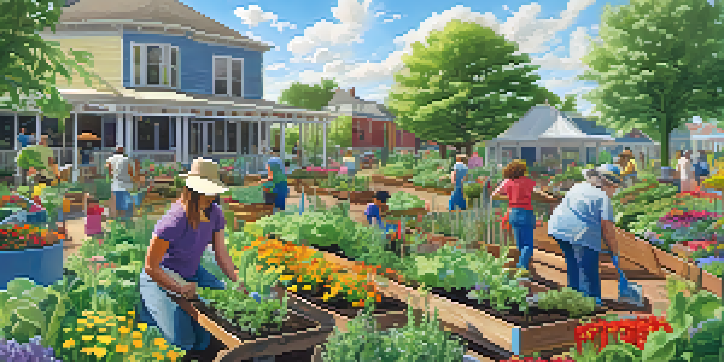 A diverse group of people gardening together in a bright community garden, surrounded by colorful plants and flowers under a sunny sky.