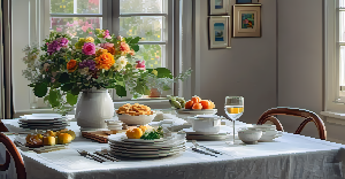 A beautifully arranged dining table with colorful healthy dishes, soft lighting, and fresh flowers, promoting a mindful eating environment.