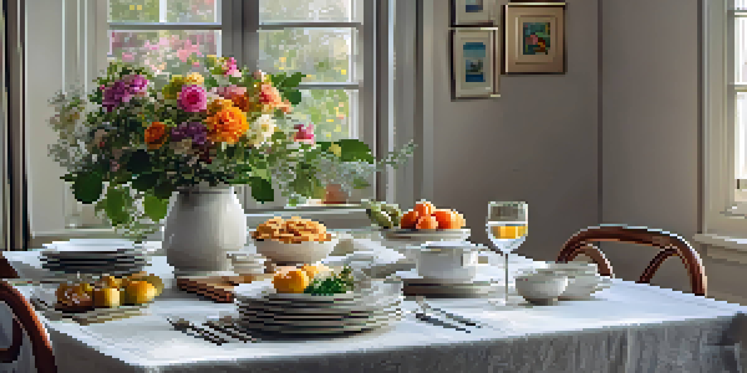 A beautifully arranged dining table with colorful healthy dishes, soft lighting, and fresh flowers, promoting a mindful eating environment.