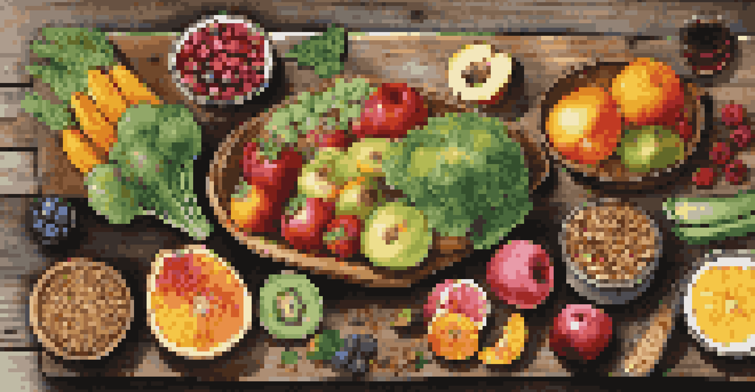 A colorful meal with fruits and vegetables on a wooden table.