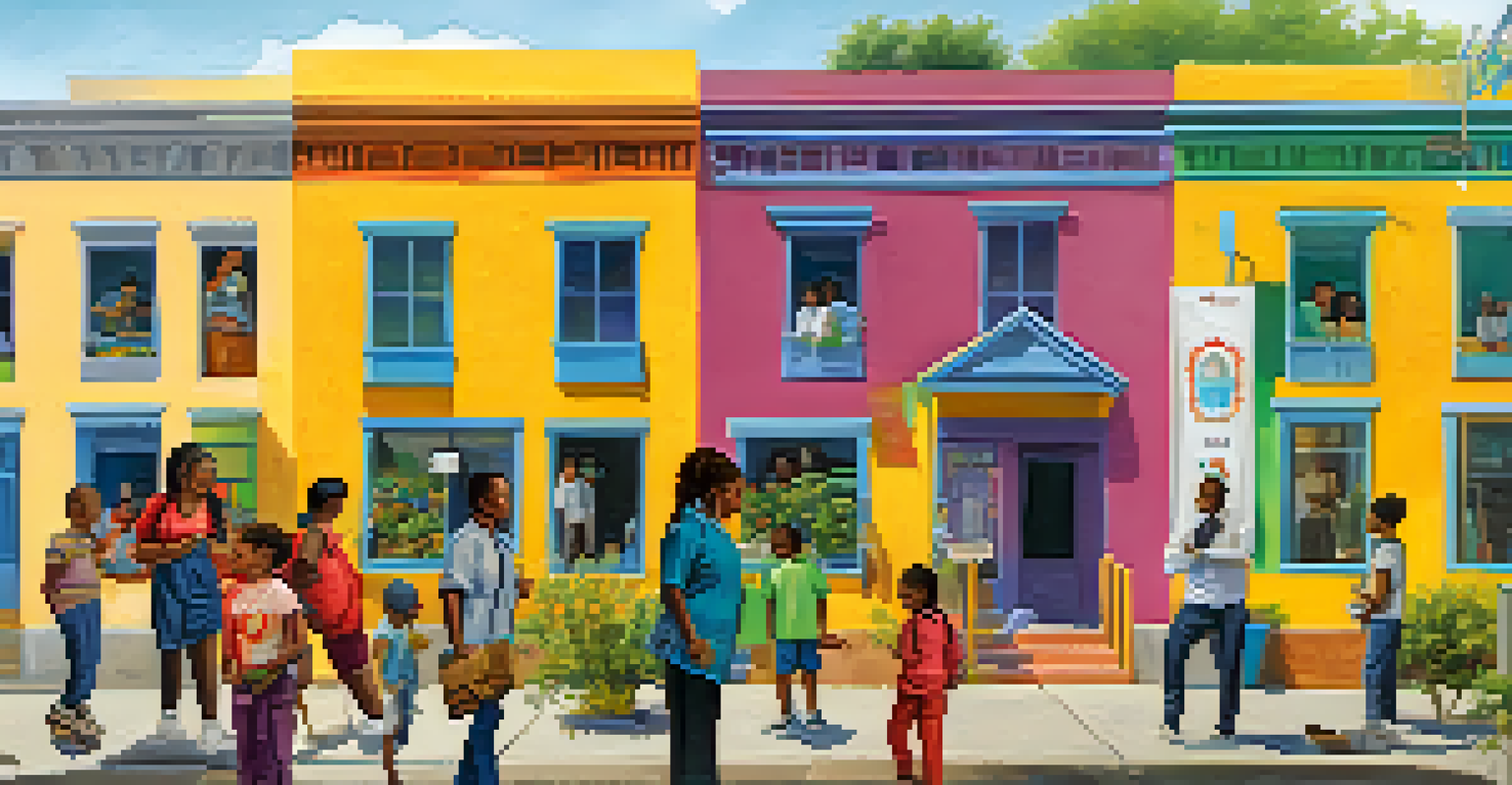 Health workers conducting surveys with community members in a colorful urban neighborhood, promoting engagement.