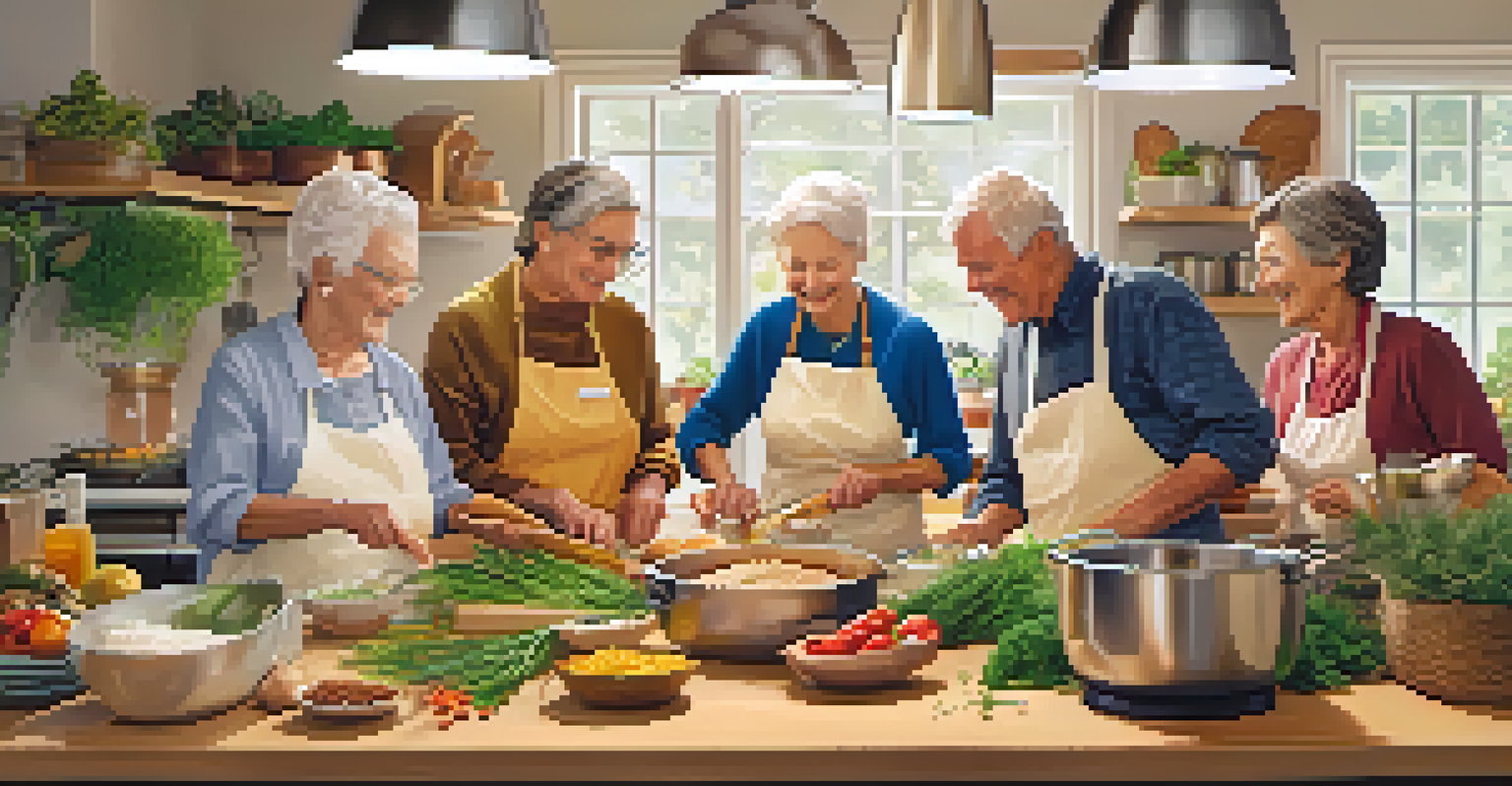 Seniors participating in a cooking class, smiling and engaging with each other around a kitchen island.