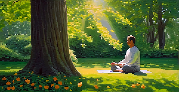 A person meditating in a green park with sunlight filtering through trees.