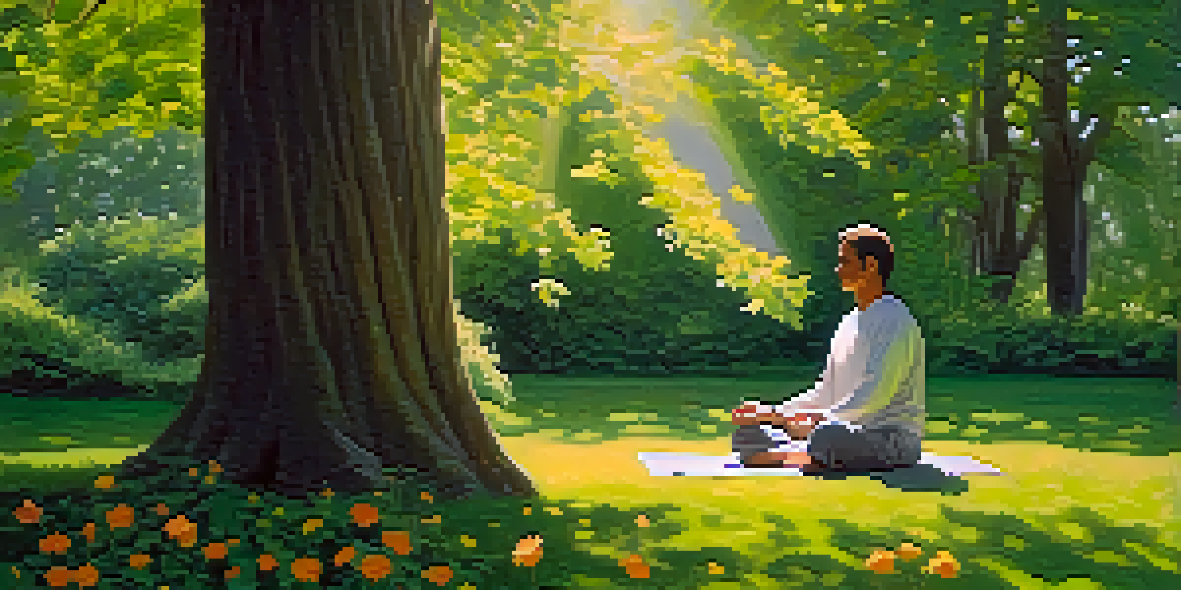 A person meditating in a green park with sunlight filtering through trees.