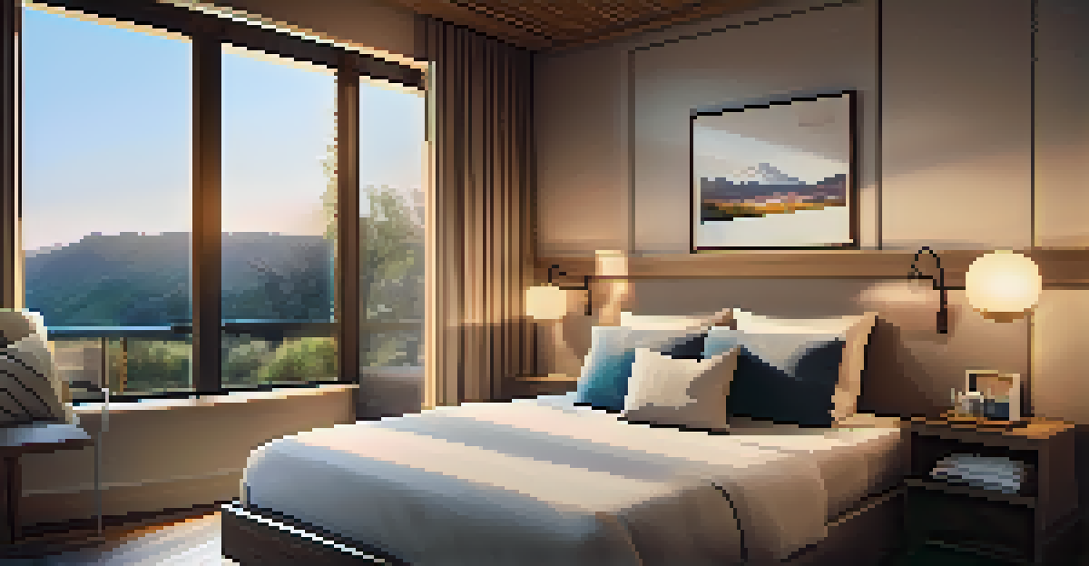 A cozy hotel room with a made bed and a bedside table displaying disinfectant wipes and a water bottle, with a scenic view through the window.