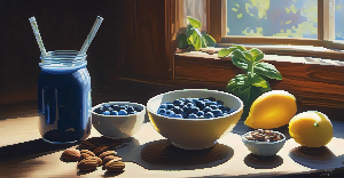 A colorful smoothie bowl with blueberries, spinach, and nuts on a wooden table, illuminated by soft sunlight.