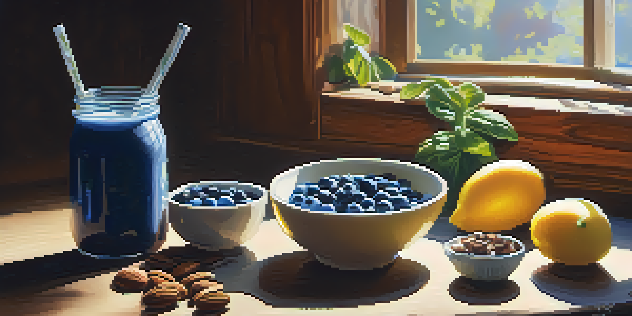 A colorful smoothie bowl with blueberries, spinach, and nuts on a wooden table, illuminated by soft sunlight.