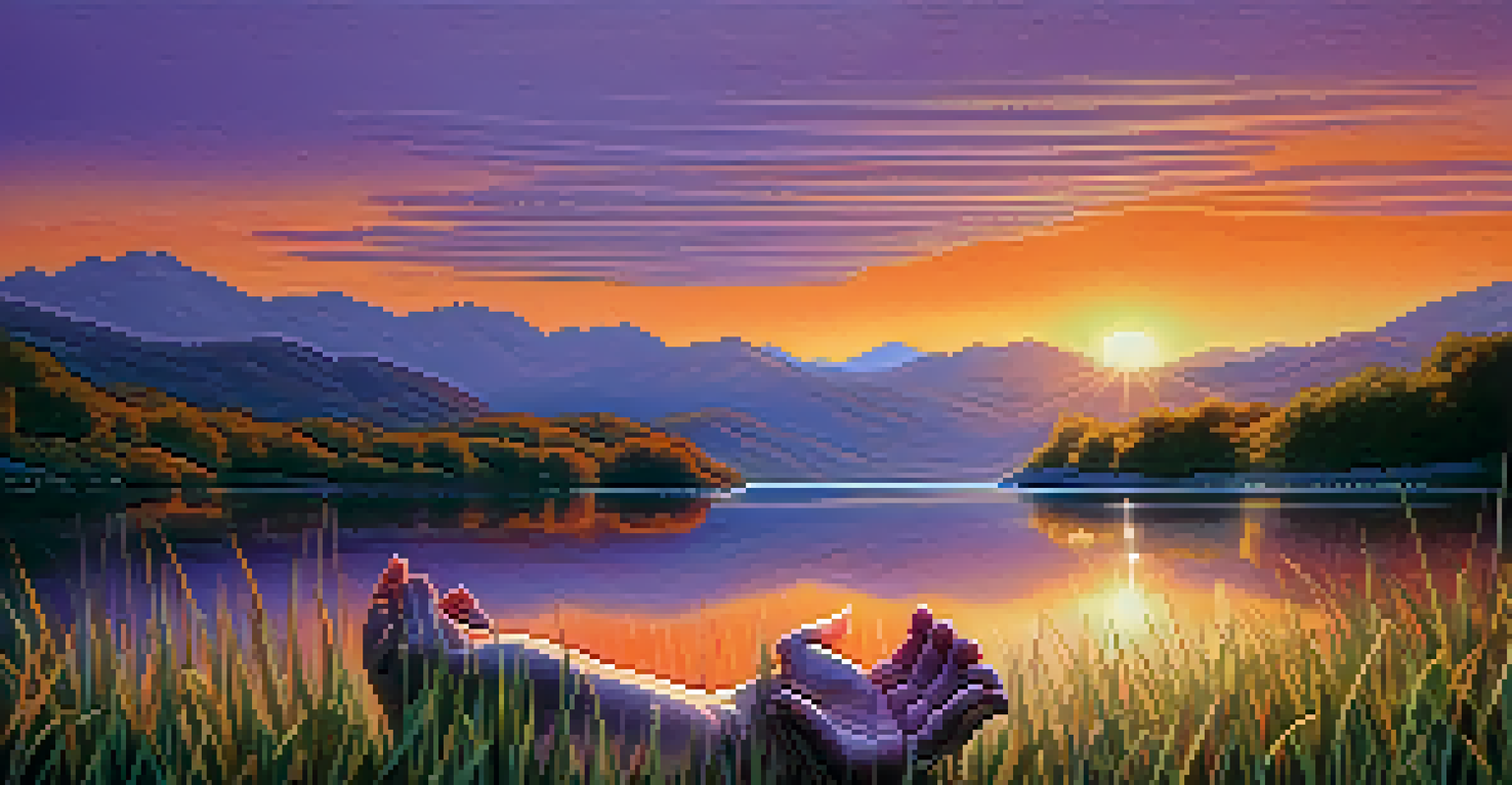 Close-up of hands in a meditative gesture with a lake and mountains at sunrise in the background, conveying tranquility and mindfulness.