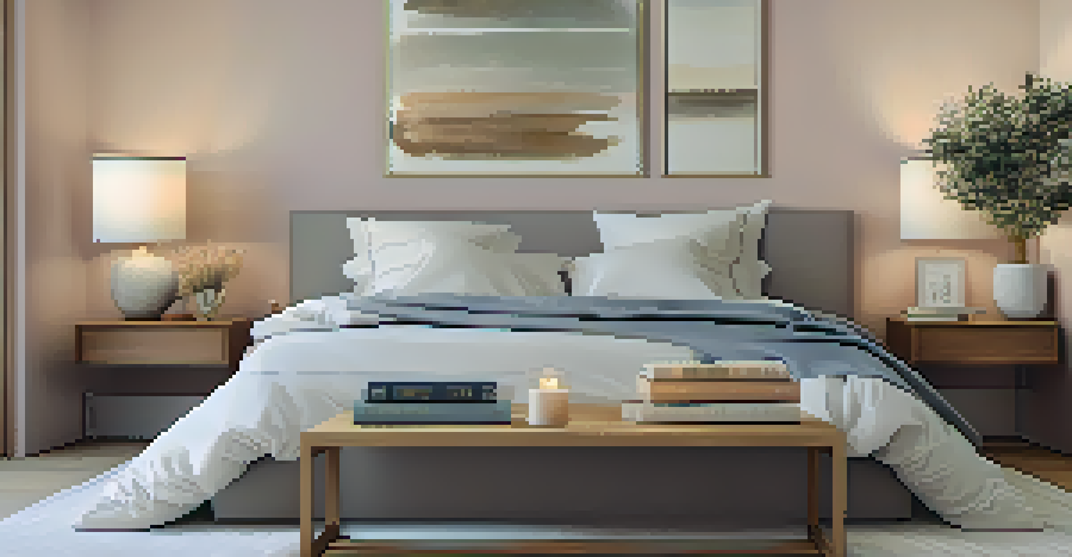 A cozy bedroom designed for quality sleep with a soft bed, calming book, and warm lamp, creating a serene atmosphere.