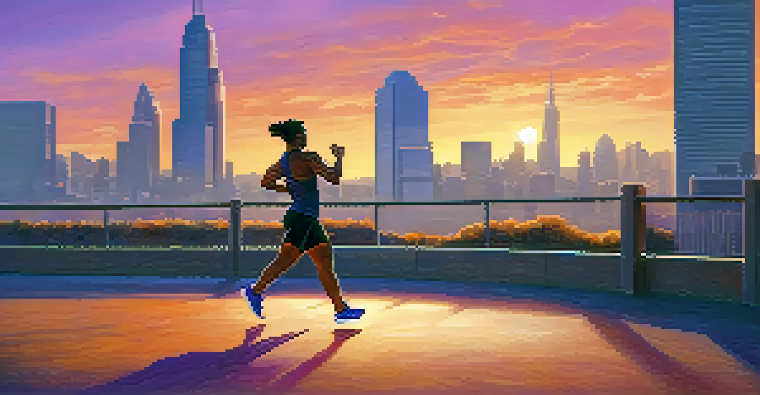 A person engaged in a high-intensity workout outdoors at sunset with a city skyline in the background.