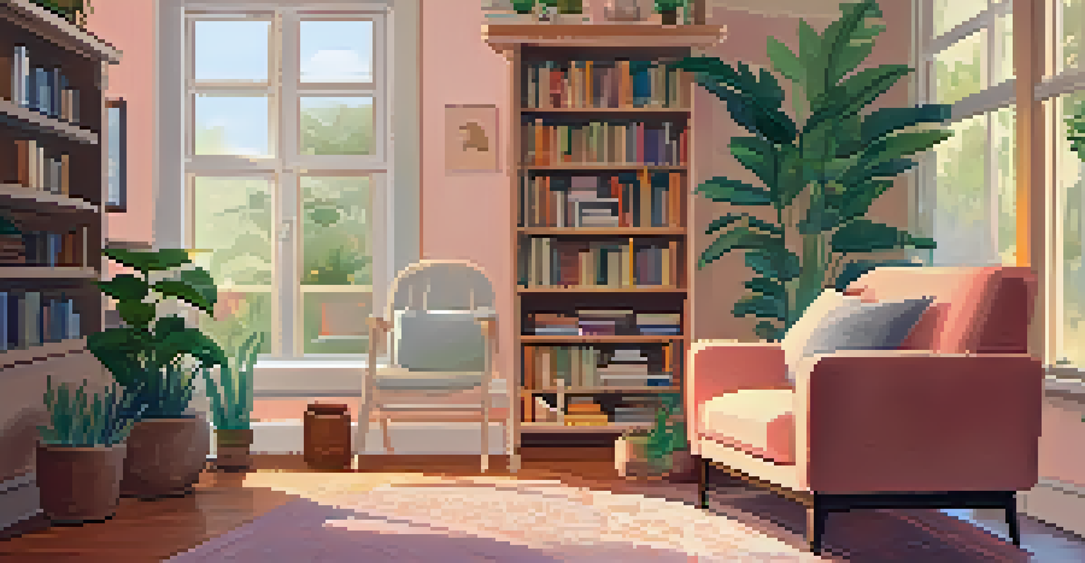 A cozy reading nook with a chair, blankets, books, and plants, designed for relaxation.