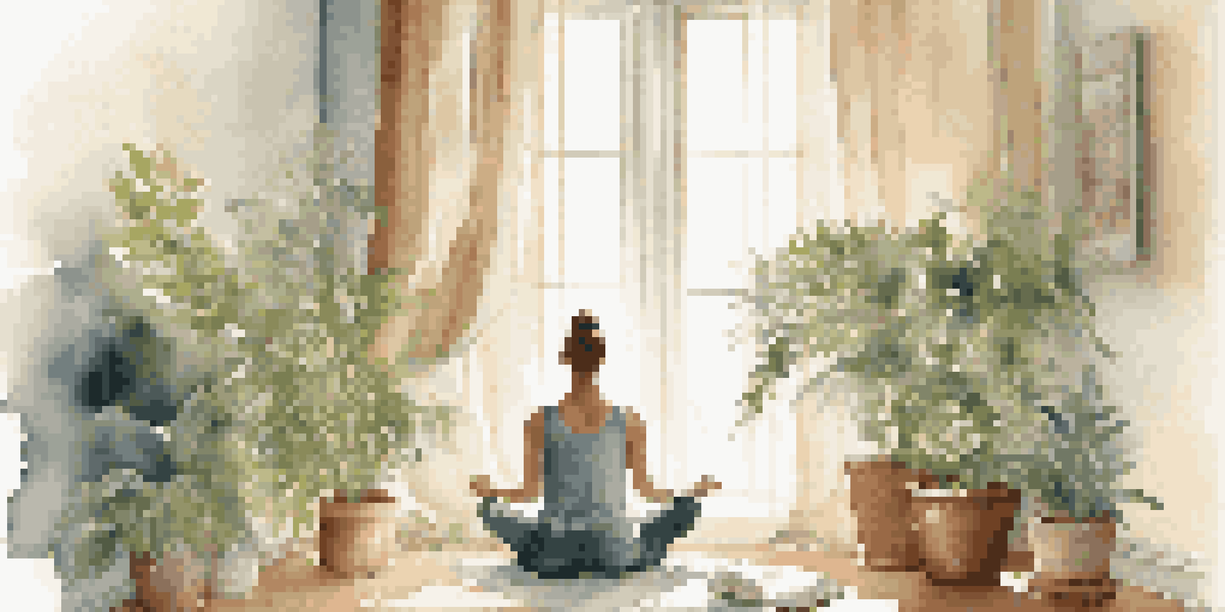 A person meditating in a sunlit room filled with indoor plants, symbolizing peace and financial wellness.