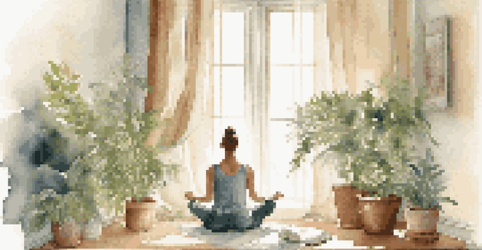 A person meditating in a sunlit room filled with indoor plants, symbolizing peace and financial wellness.